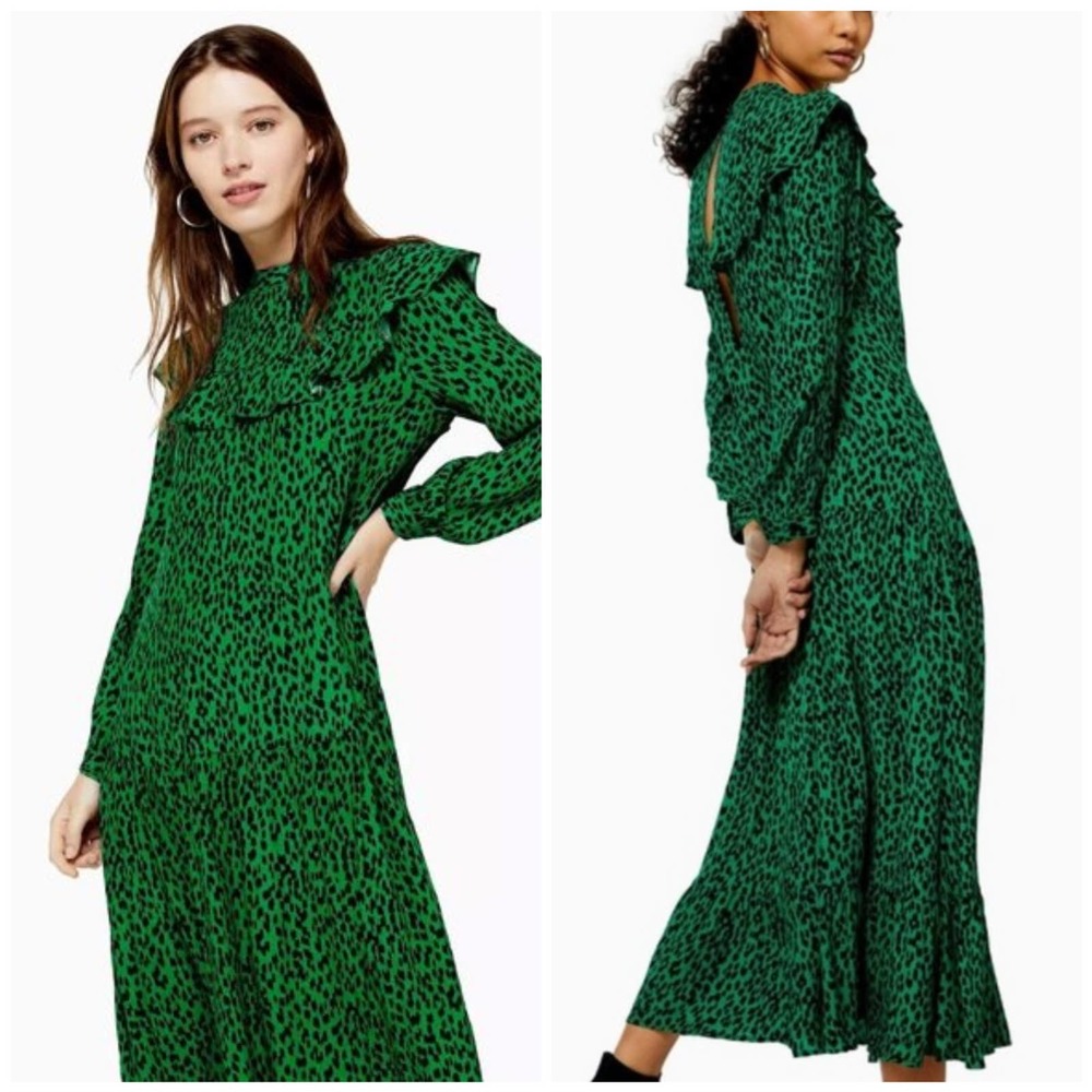 NWT TOPSHOP leopard animal print prairie dress emerald green black size 4 womens